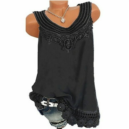 Uv Loose Shirt Summer Tank Tops For Women Plus Size Loose Shirt Vest Fashion O-Neck Sleeveless Lace Solid Tops ()