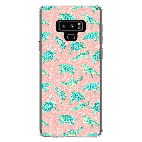 DistinctInk Clear Shockproof Hybrid Case for Samsung Galaxy Note 9 - TPU Bumper, Acrylic Back, Tempered Glass Screen Protector - Preppy Pattern - Turtles on Pink Background
