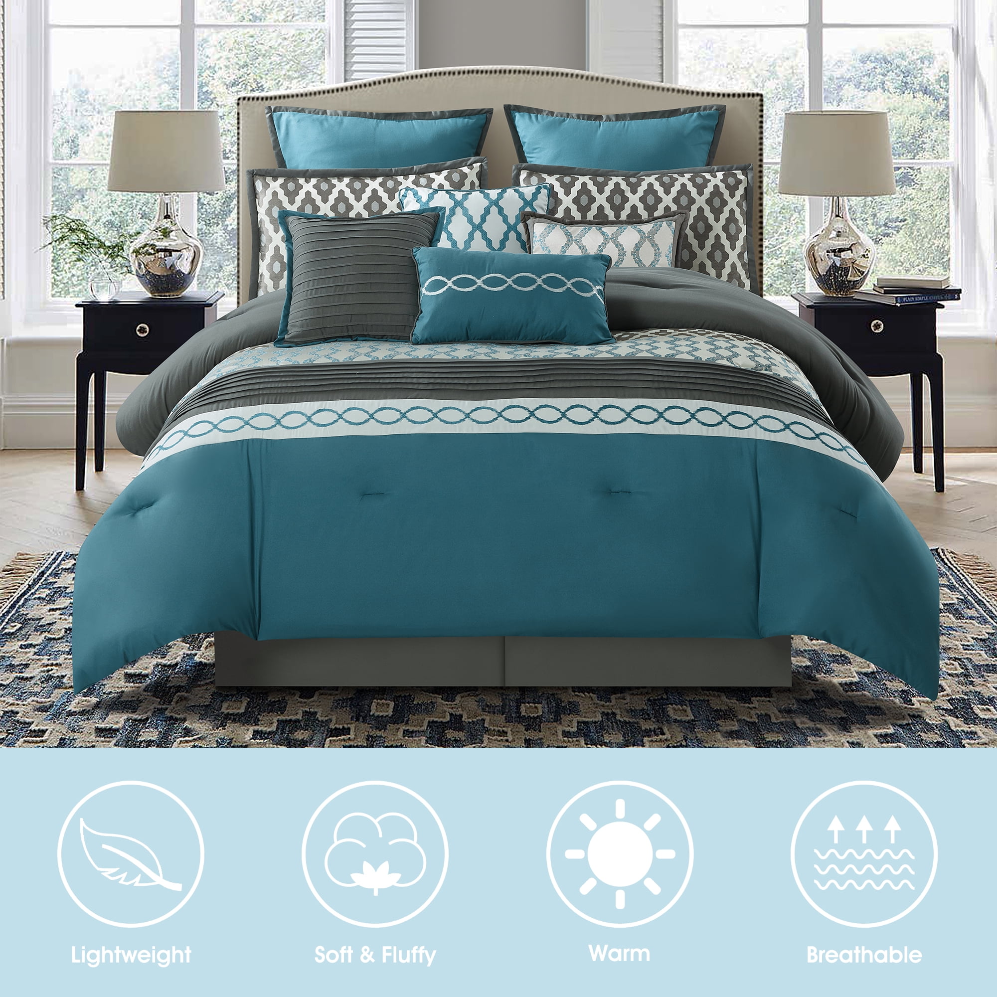 Lanco Geometirc California King Blue Comforter Set, 10 Piece, Jacquard Bedding Comforters & Sets, Bedskirt, Pillows, Euro Shams & Curtains Ultra-Soft