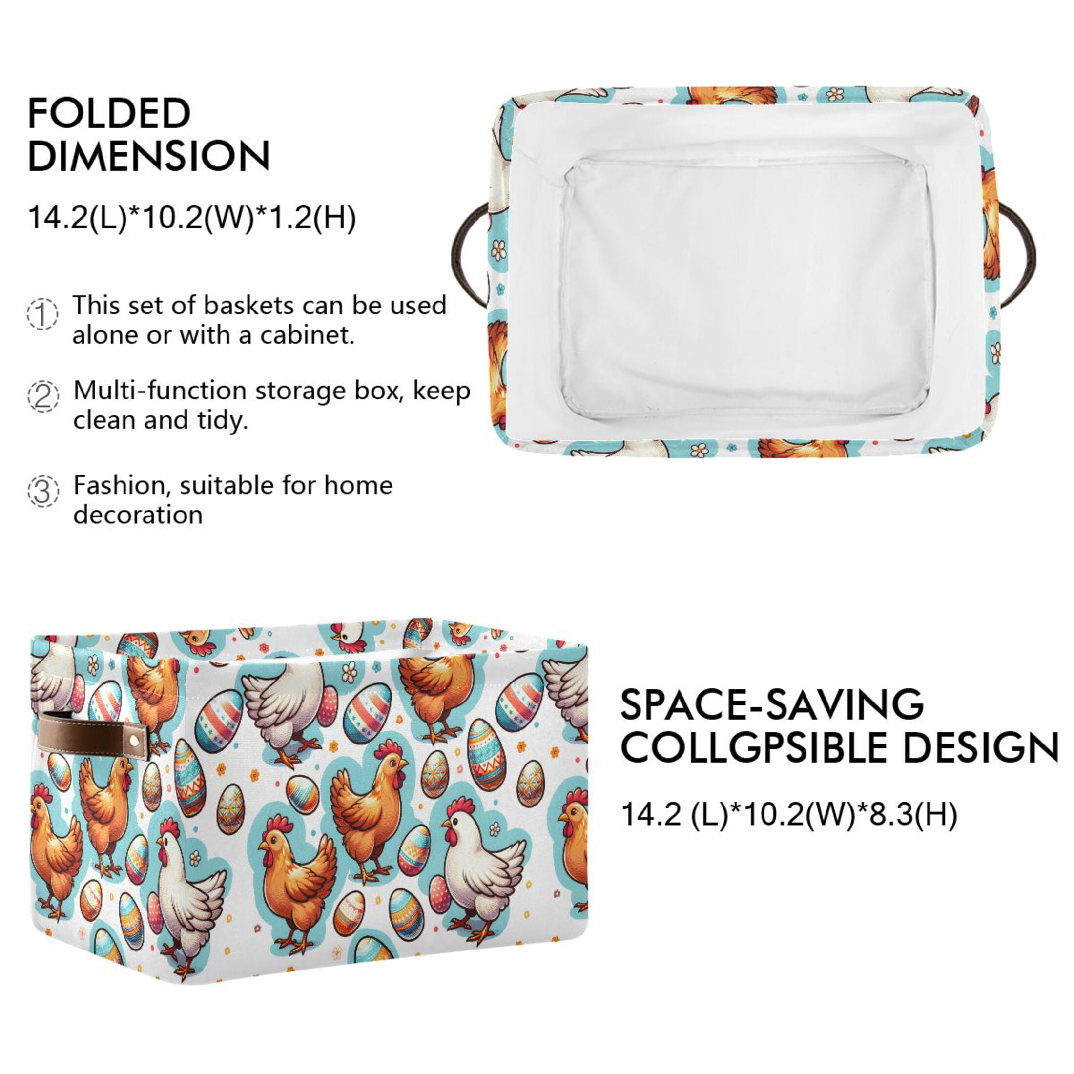 Easter Egg and Chicken Storage Bins with Handle Fabric Organizer Basket Foldable Box 2 Pack 14.2x10.2x8.3