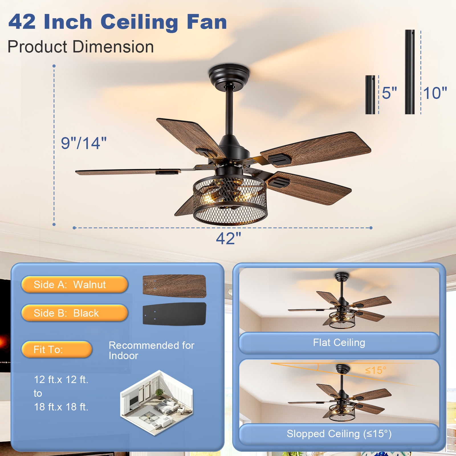 Depuley 42-Inch Fine Net Caged Ceiling Fans with Lights: Dual Finish 5 Black Walnut Blades Hanging Fan - Rustic Ceiling Fan with Remote Control for Farmhouse Indoor/Outdoor Use