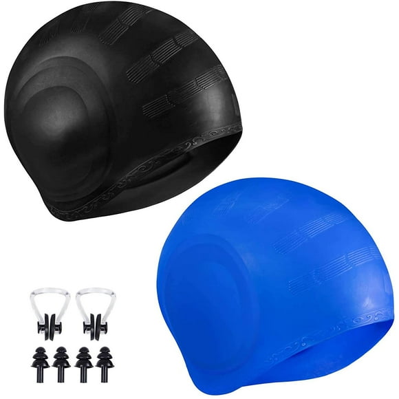 2 Pack Unisex Swim Caps with 3D Ear Protection, Durable Flexible Silicone Swimming Hats for Women Men Kids Adults, Waterproof Bathing Swimming Caps for Short/Long Hair with Ear Plugs and Nose Clip