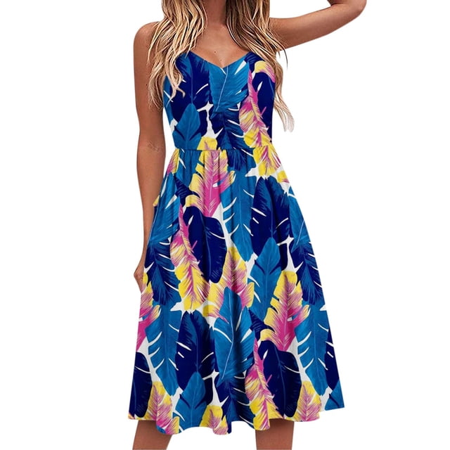 Pisexur Women Robe Sans Manches à Col en V Mode Été Bord de Mer Robe Décontractée à Imprimé Sans Manches à Col en V Women Blouse