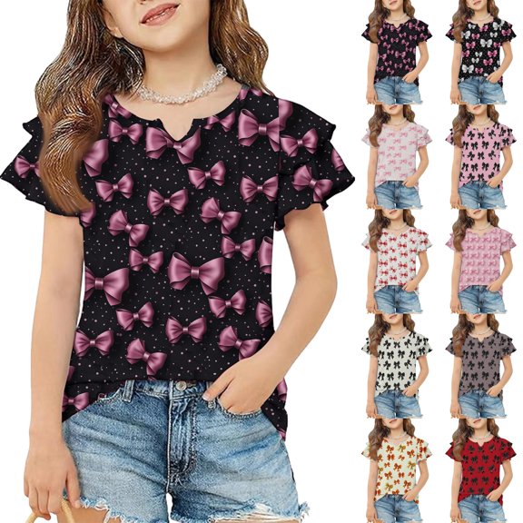 Shirts for Girls 10-12 Casual Cute Ruffle Sleeve V-Neck T- Shirts Loose Fit Tee Tops Beach Vacation Bow Knot Print Blouses Clothes Watermelon Red 6-7Y