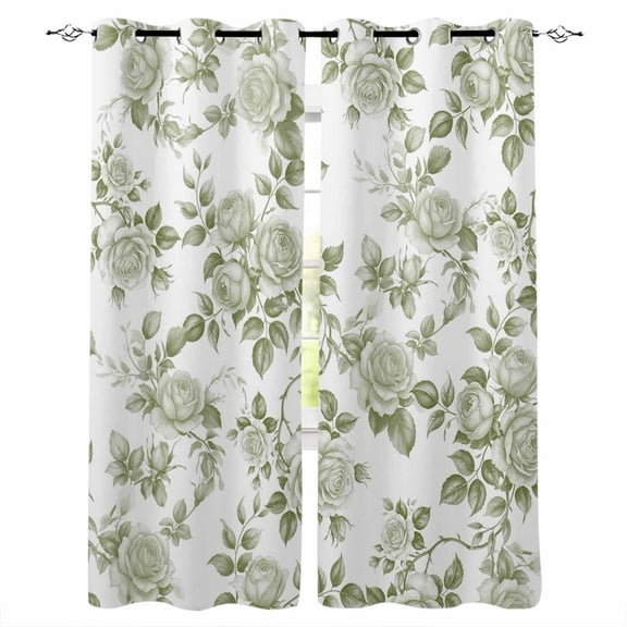 Fsddascl Sage Green Flower Blackout Curtains for Bedroom/Living Room, Thermal Insulated Kitchen Curtains, Vintage Country Rose Leaf Floral Grommet Darkening Window Treatment Drapes 42"x84"x2