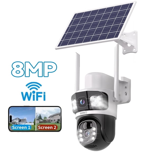 Sansco 4K Dual-Lens Solar Powered Security Camera Wireless Outdoor - 8MP 2.4GHz & 5GHz WiFi PTZ 360° View, Home Security Camera with Color Night Vision, 2-Way Talk, PIR Motion Detection,Waterproof