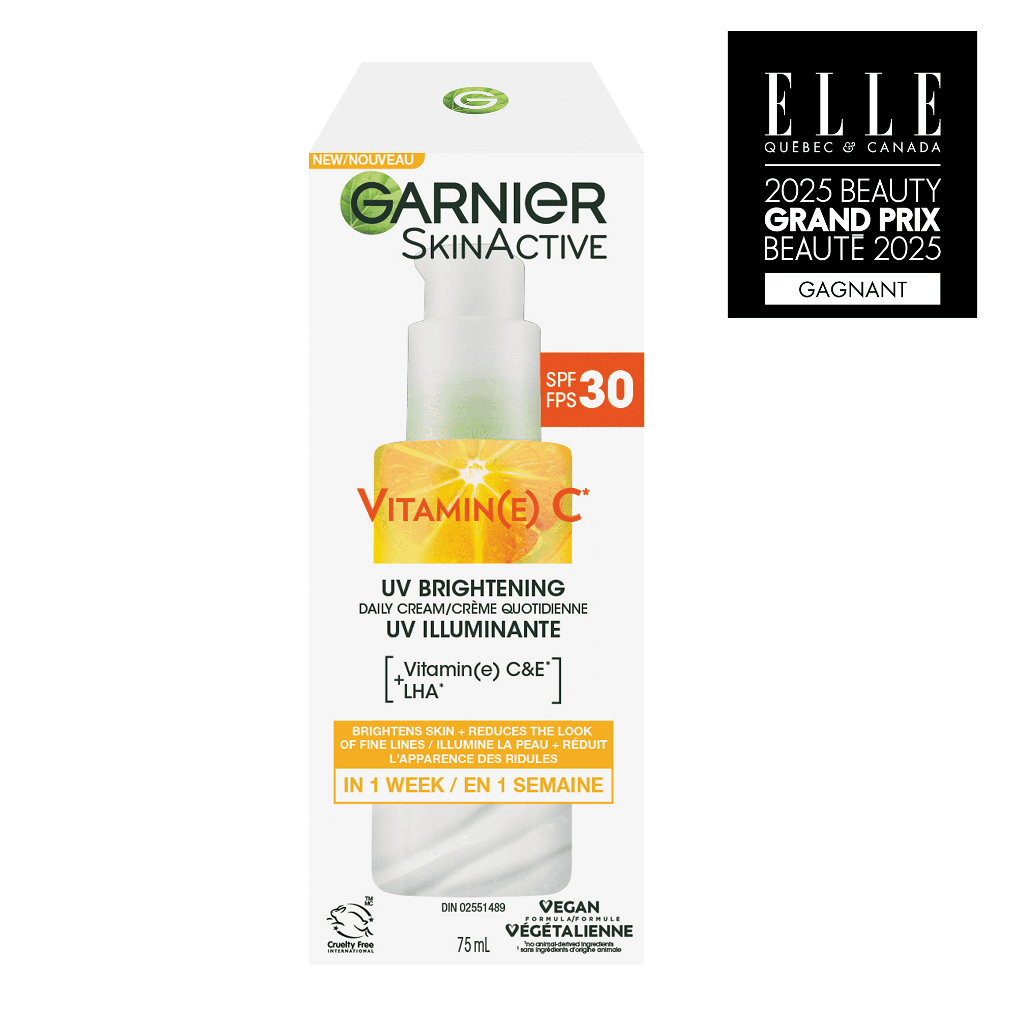 Garnier crème quotidienne UV illuminante FPS 30, 75ml enrichie en Vitamines C, E et LHA