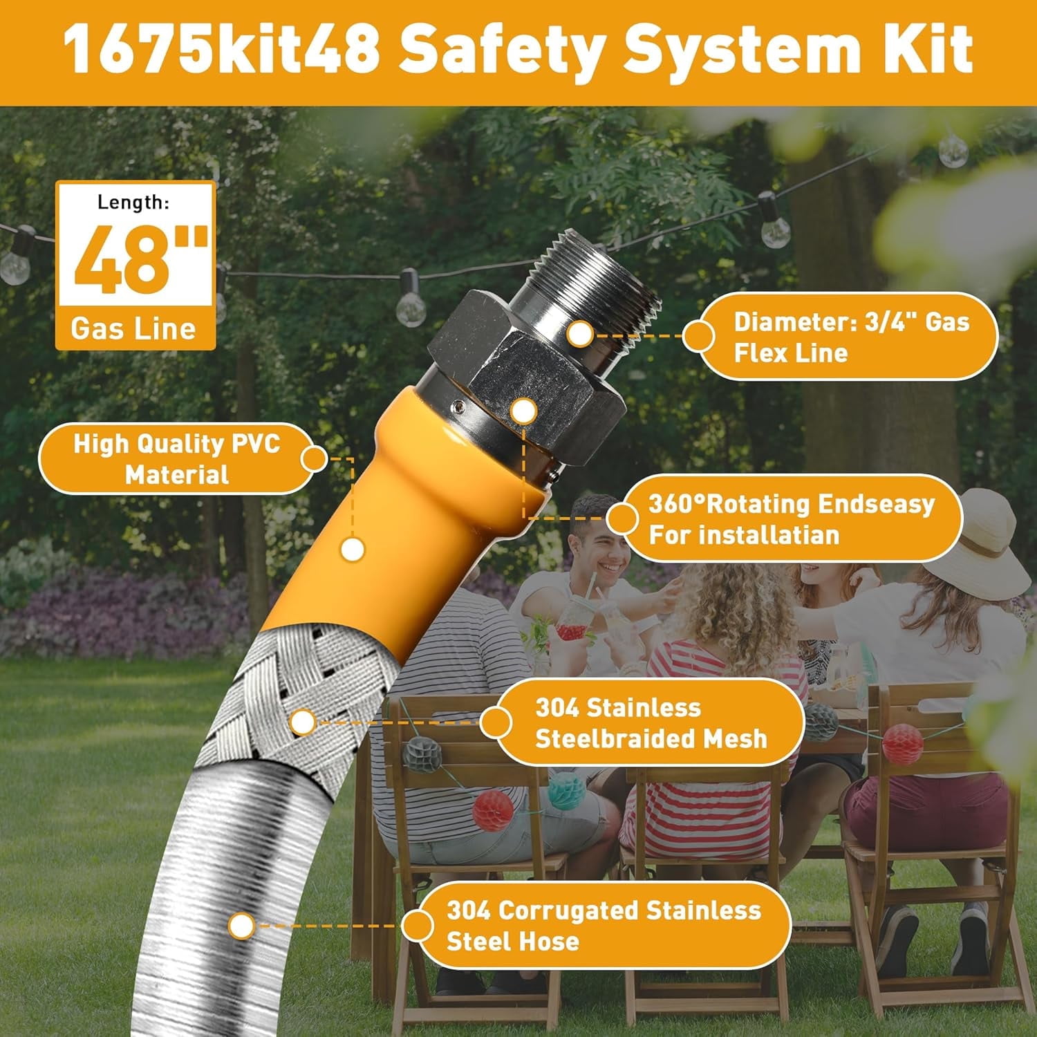 48in Commercial Kitchen Gas line Hose, 1675kit48 Safety System Kit, 3/4" Natural Gas Line Hose