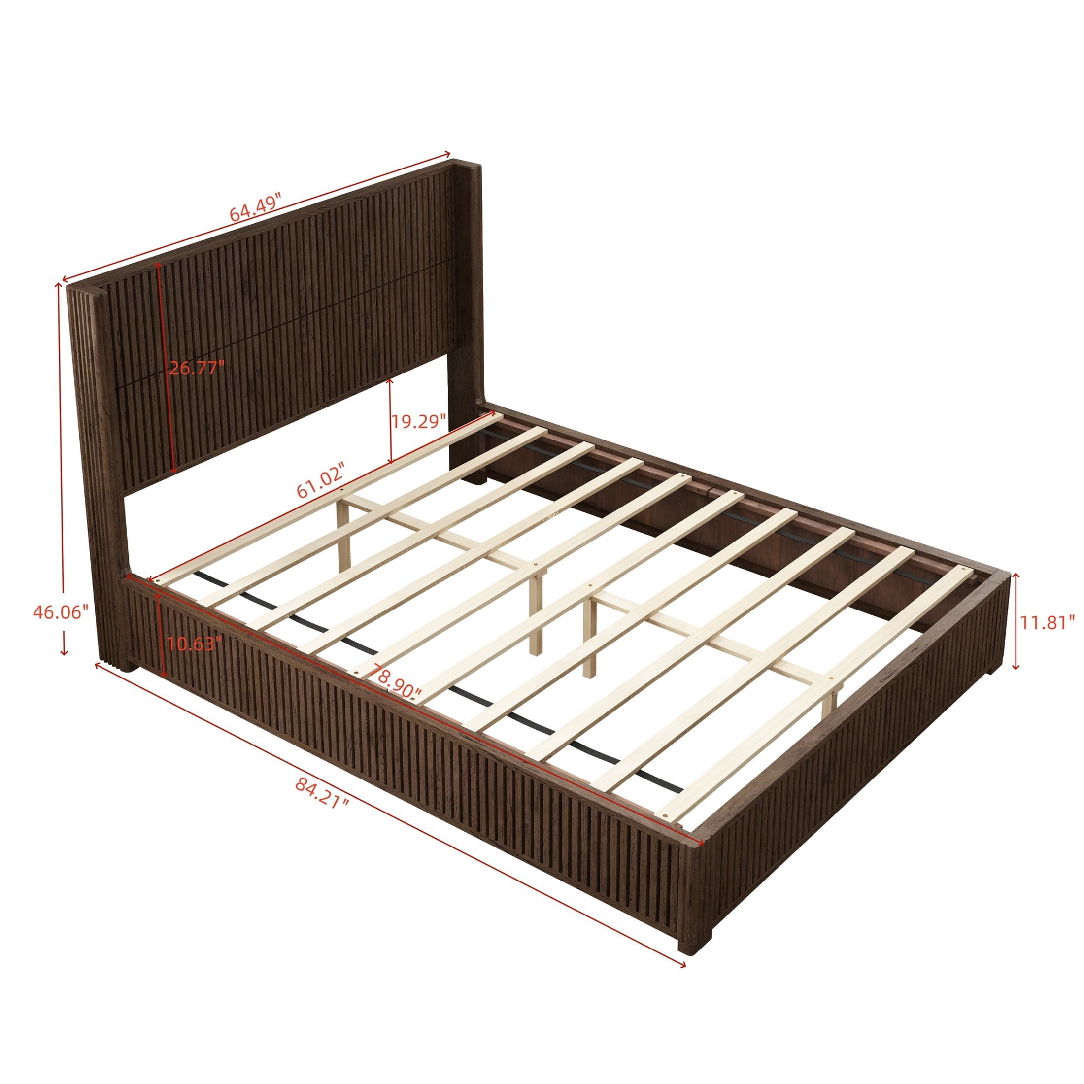 GDF Studio Queen Size Solid Wood Platform Bed with Wingback Headboard, No Box Spring Needed, Walnut