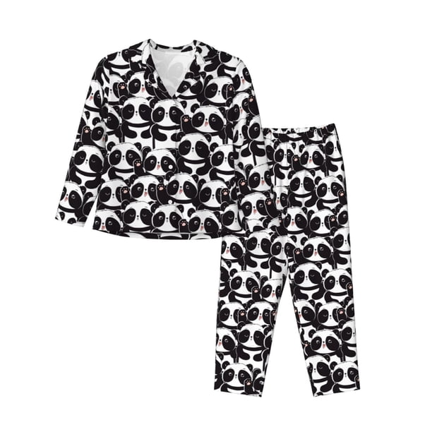 Fotbe Panda Conjunto de Pijama de Manga Larga para Mujer con Estampado, Ropa de Dormir de 2 Piezas, Conjunto de Casa Suave y Cómodo con Bolsillos-Small