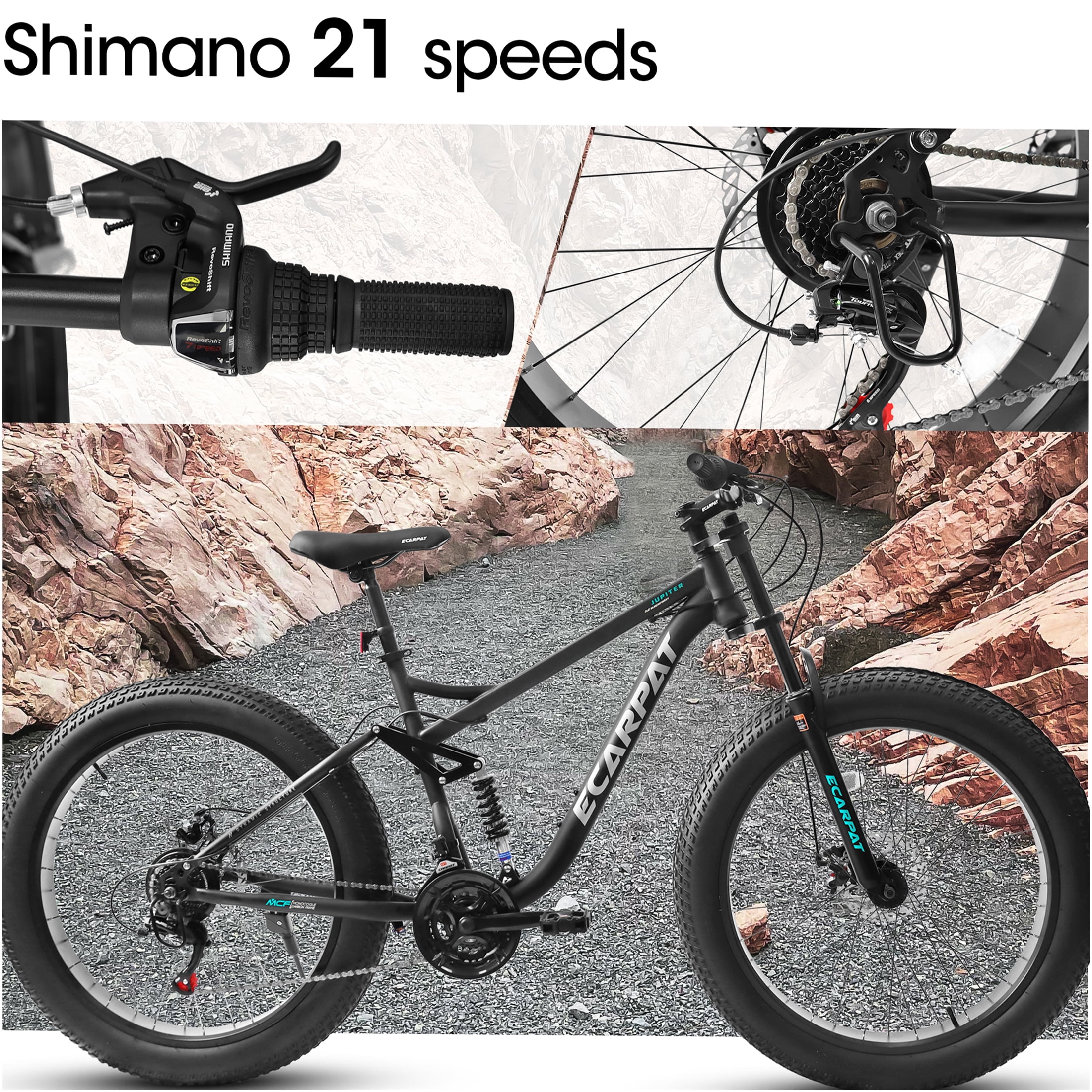 JERFIT Men's 26" Full Suspension Mountain Bike, 21-Speed Shimano Drivetrain, 4" Fat Tire, Disc Brakes, All-Terrain MTB Bicycle for Adults