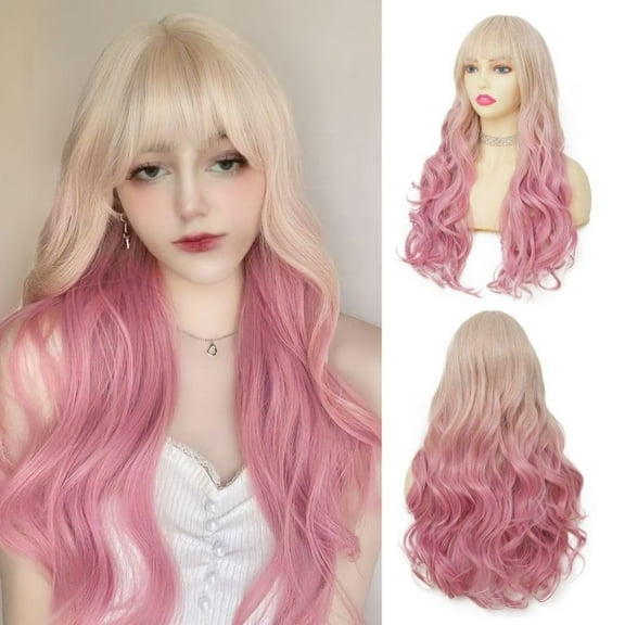 Blonde and Pink Long Wig for Women with Bangs Curly Wavy Ombre Blonde 24 Inch Synthetic Natural Hair Wig for Halloween Cosplay Use