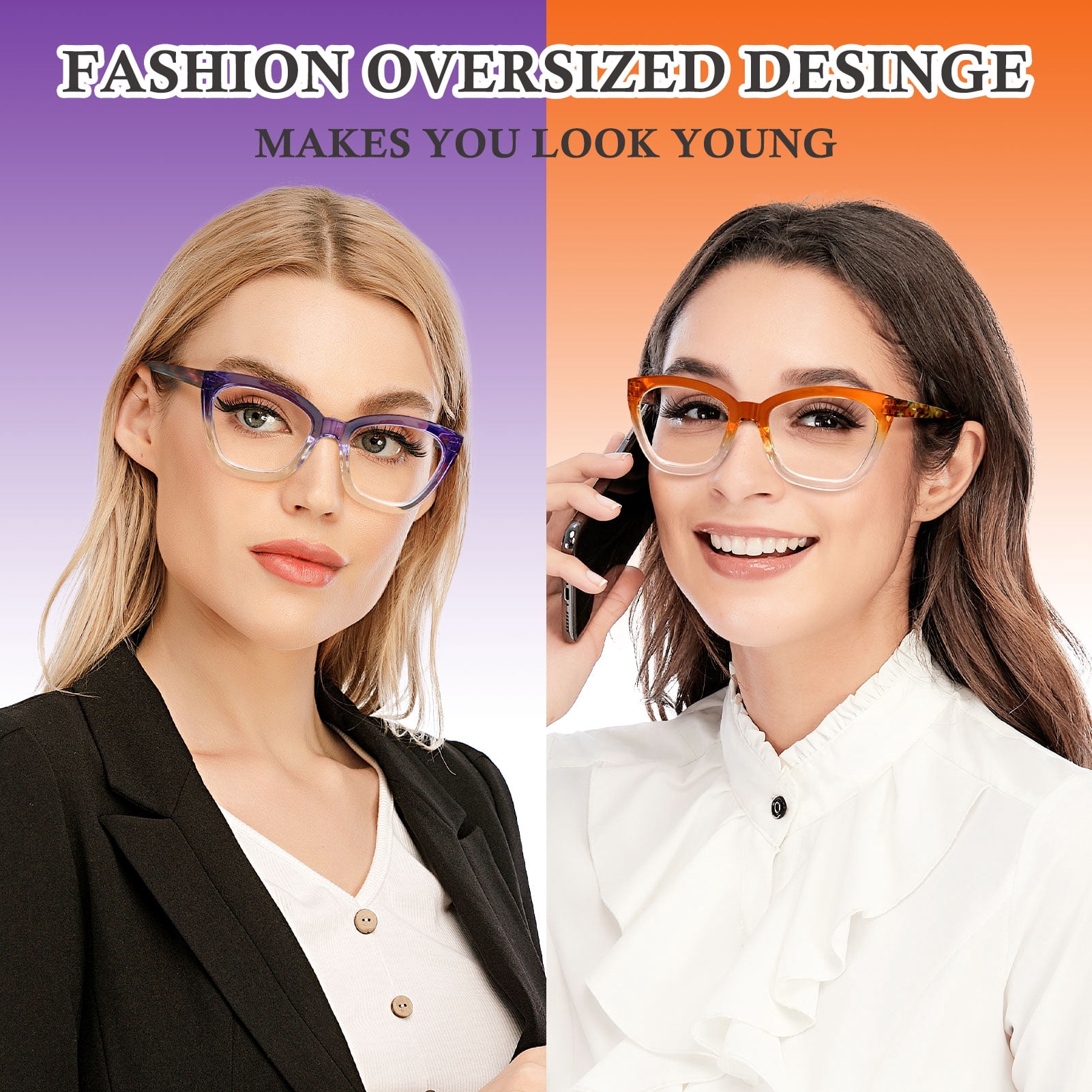 AQWANO Cat Eye Reading Glasses Women Blue Light Blocking, 2 Pack Filter UV Ray/Glare Computer Fashion Oversized Readers