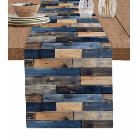 Hokiten Table Runners 120 Inches Long Dress Scarves, Navy Blue Brown Wood Farmhouse Coffee/Dining/Kitchen Table Runner for Living Room, Farmhouse Vintage Wooden 13x120 Inch