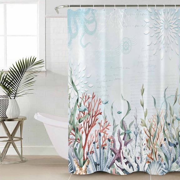 Blue Coral Coastal Waterproof Fabric Shower Curtain, Ocean Starfish Nautical Botanical Shower Curtain for Bathroom Curtains Bathtubs Hotel Washable Shower Curtains with 12 Hooks Stall 54x78in