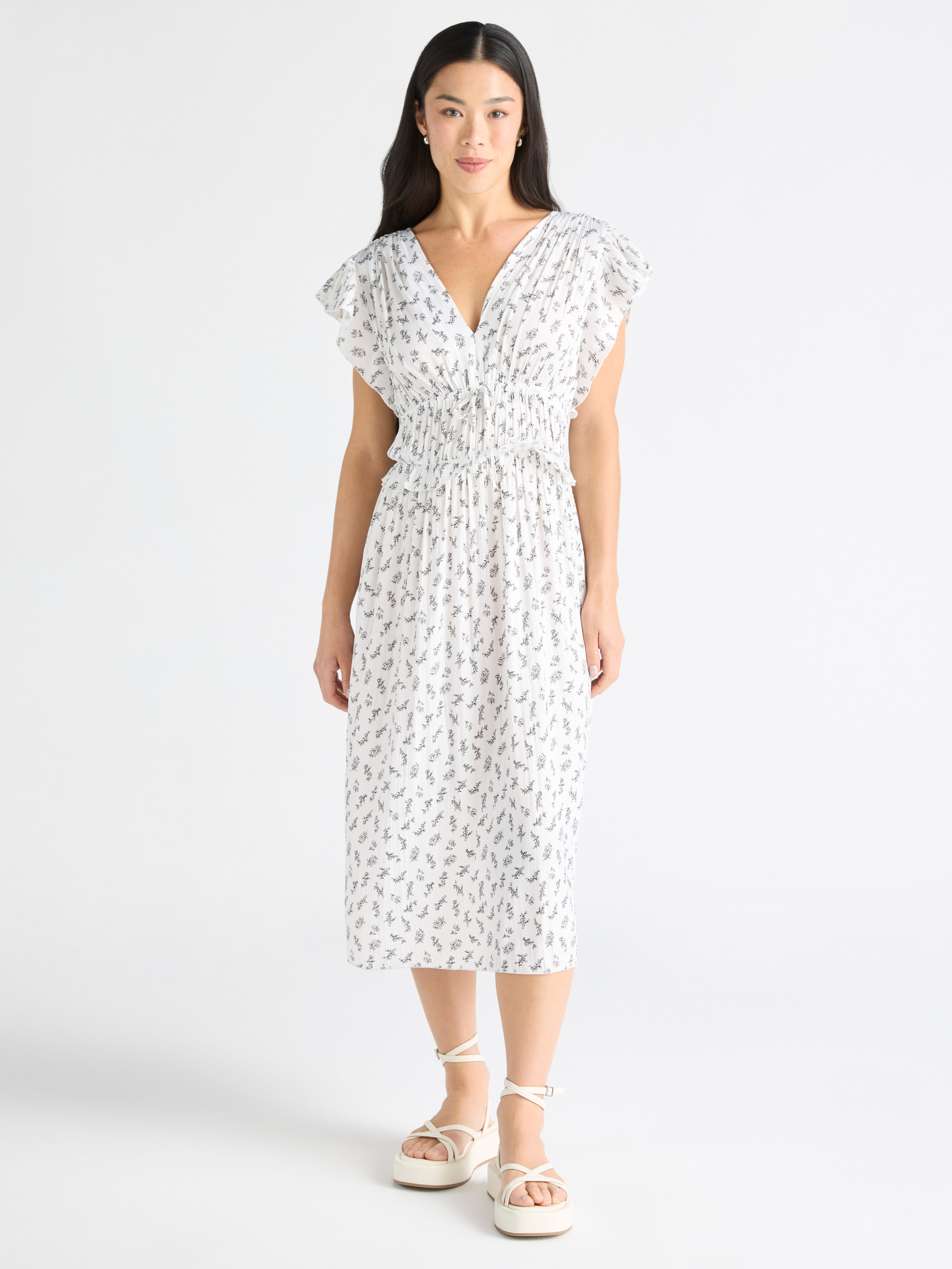 Scoop Womens Crinkle Satin Midi Dress with Flutter Sleeves, Sizes XS-XXL