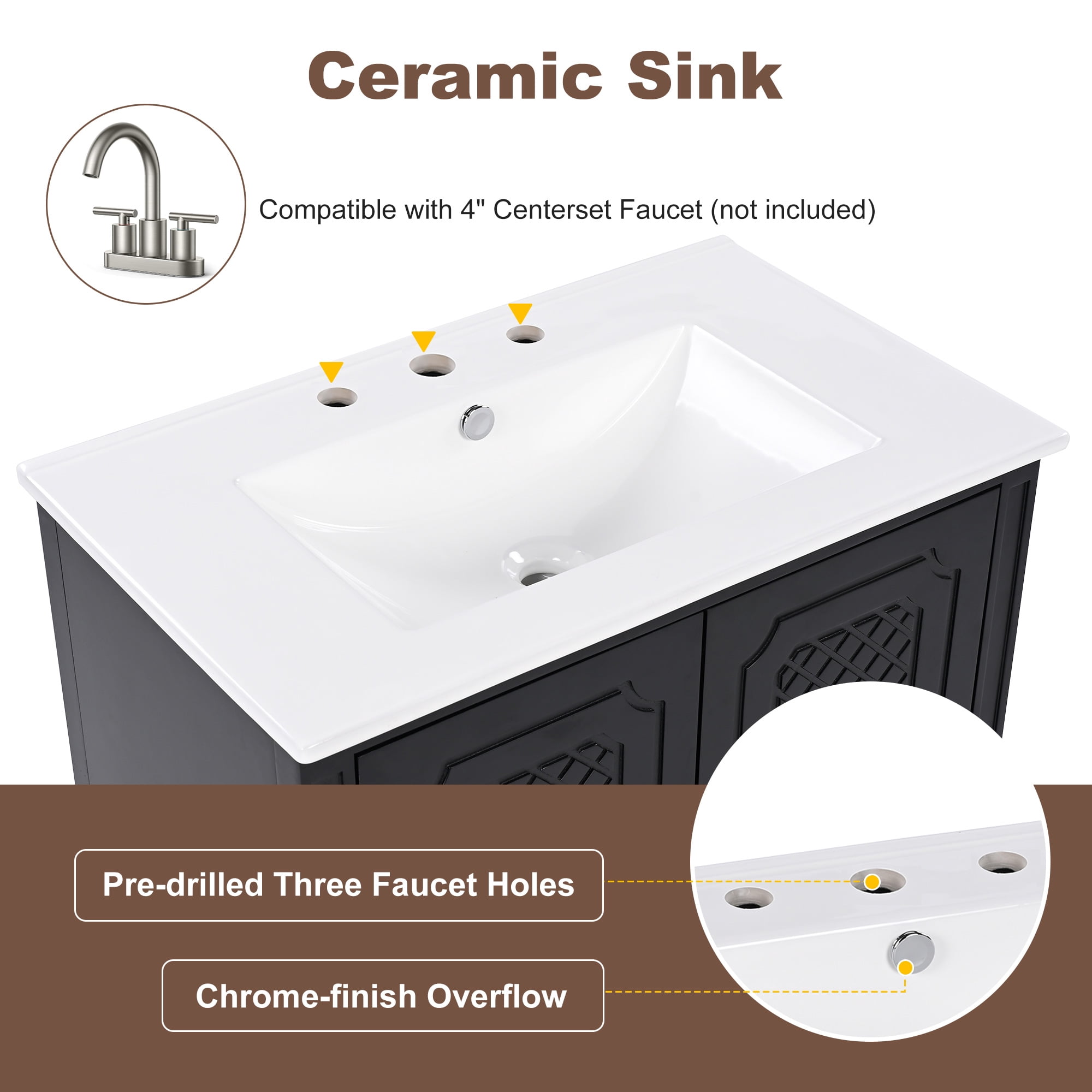Euroco 30" Bathroom Vanity with Sink Vintage Style, Multi-functional Storage Space, Door Shelf, Soft-closing Door, Black (same sku: N759P218644B)