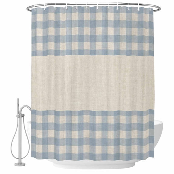 Shower Curtain Bathroom Set Minimalist Blue Checkered Waterproof Fabric Shower Curtains with Grommets&Hooks, Retro Linen Buffalo Plaid Privacy Bath Curtain for Bathtub 36x72in