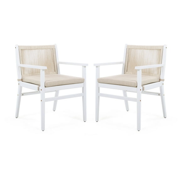 Lisonu Outdoor Dining Chairs, Set of 2, Modern Patio Armchairs with Woven Rope Back, White Acacia Wood Frame & Beige Water-Repellent Cushions