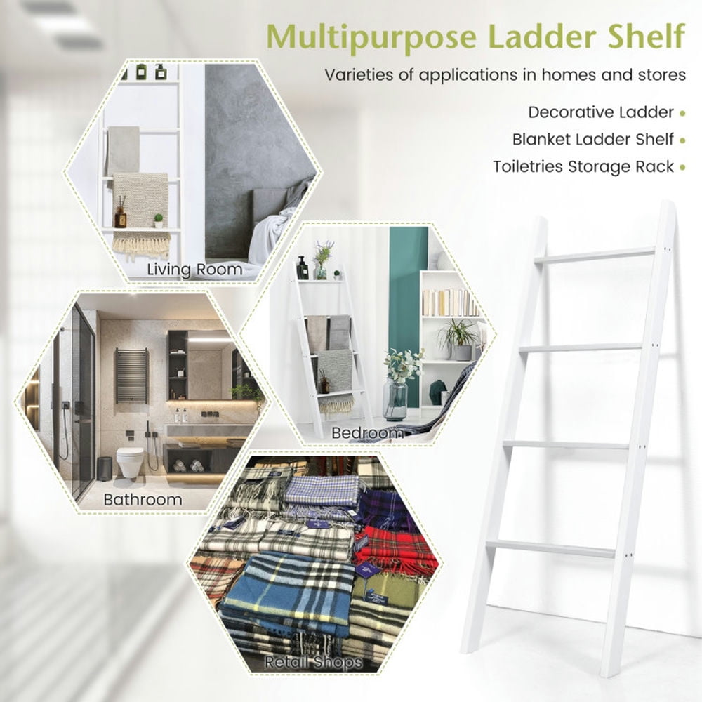 Finihen Wall Leaning Ladder Towel Rack, Blanket Ladder, 4-Tier Wall Leaning Ladder Shelf Stand, White