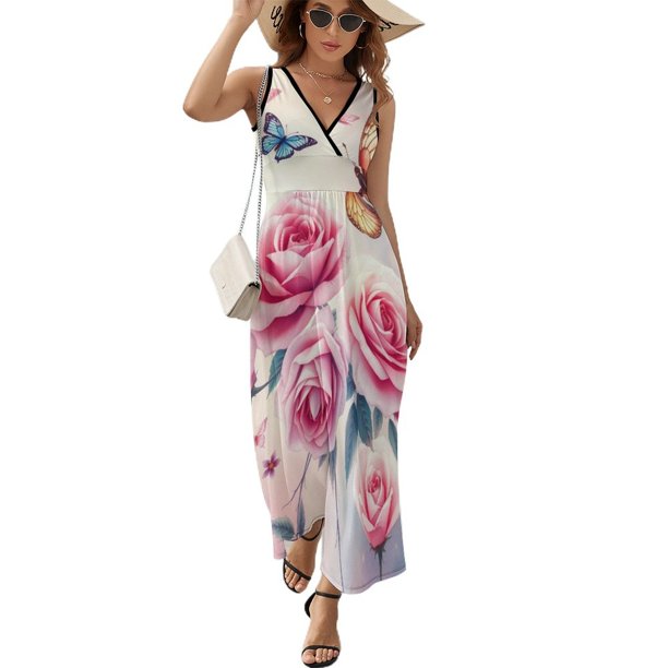 Vestido Largo Sin Mangas Para Mujer, Rose Traje Informal Para Cumpleaños, Verano
