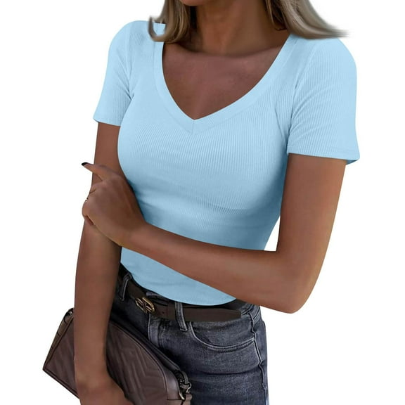 Women Short Sleeve V Neck Ribbed Knit Fitted Shirts Basic Tees Tops 2026 Summer Casual T-Shirts Going Out Outfits Light Blue L