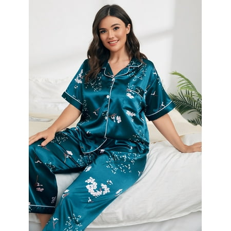

Women s Plus Sleep Lounge Satin Floral Contrast Piping Pajama Set 41222W21153