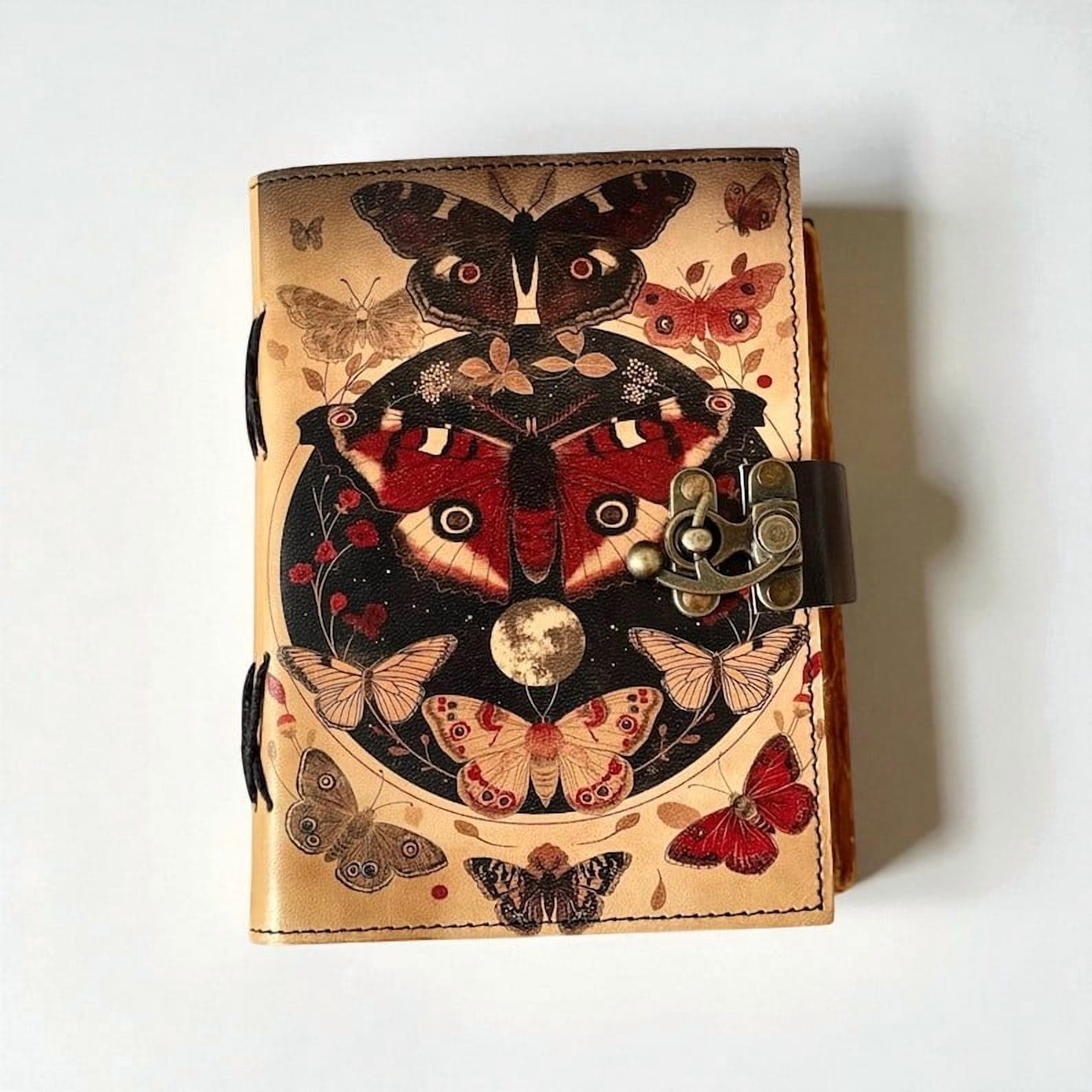 Butterfly Leather Grimoire - Vintage Butterfly Leather Journal – Handmade Paper – 5x7 Inch – 200 Pages