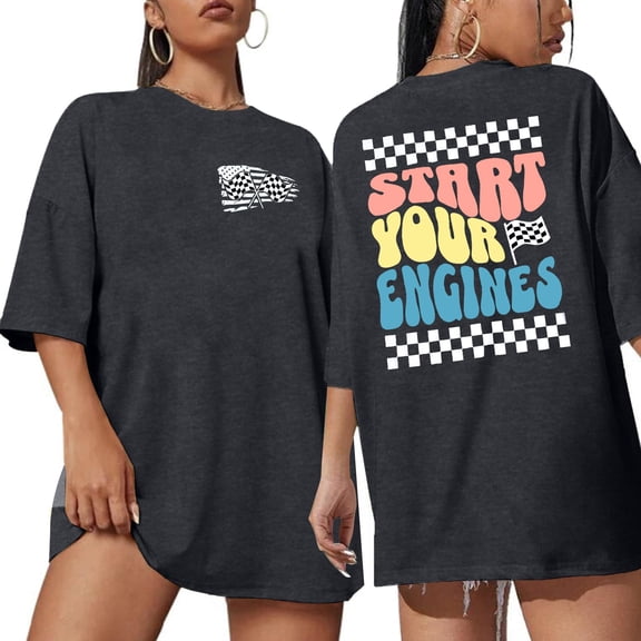 Oversized Racing Shirt Women Checkered Flag Tshirt Vintage Race Day Car Shirts Casual Unisex Short Sleeve Tee Tops