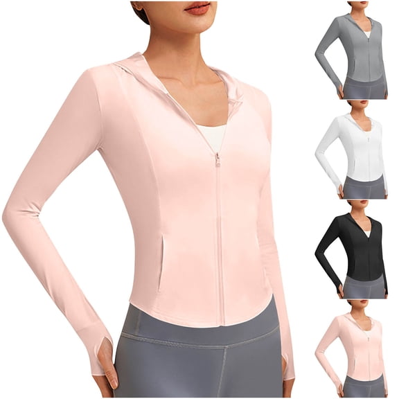 Bovxnpu Women's Long Sleeve Sun Protection Shirts, Lightweight Womens Activewear Breathable Sunscreen Workout Tops Outdoor Hiking Tops, Women's Hooded Zipper Pocket Casual Sunscreen Coat S