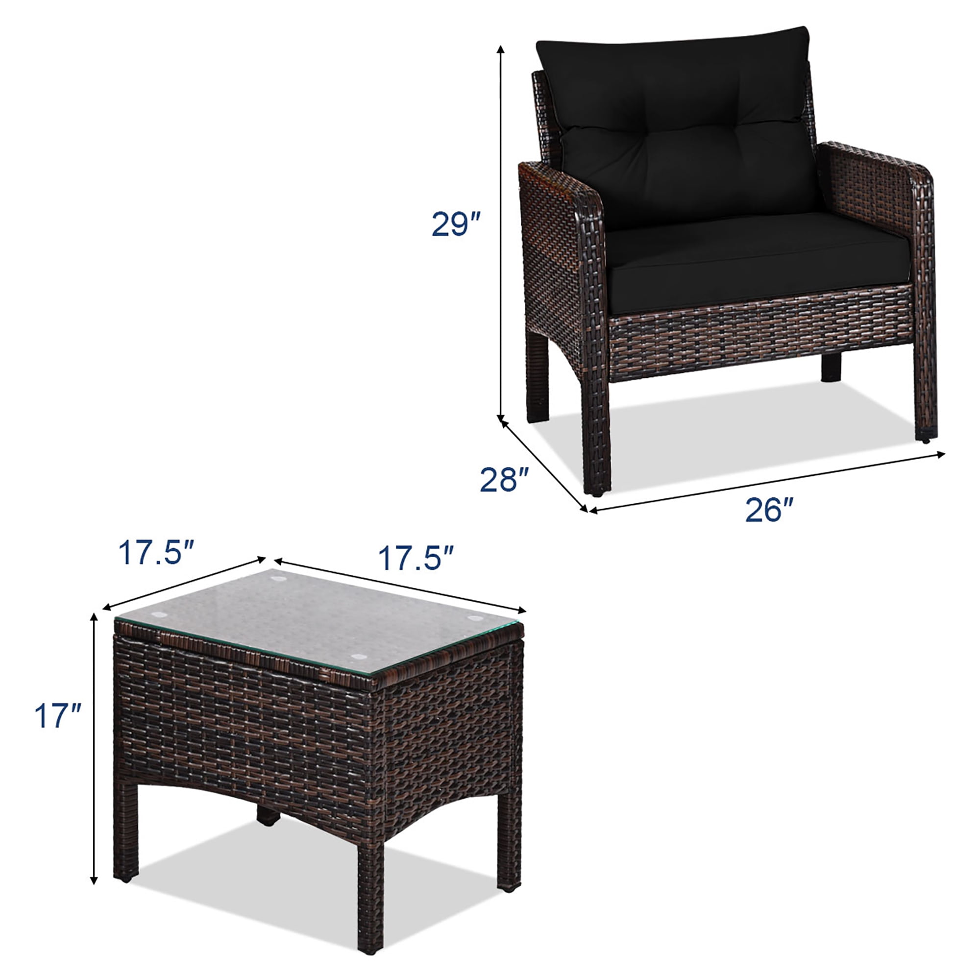 Costway 3PCS Outdoor Rattan Conversation Set Patio Garden Cushioned Sofa Chair Black