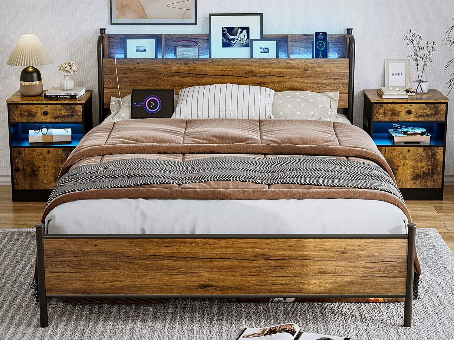 IKIFLY Queen Bed Frame with Storage Shelf Headboard & 2 USB Ports