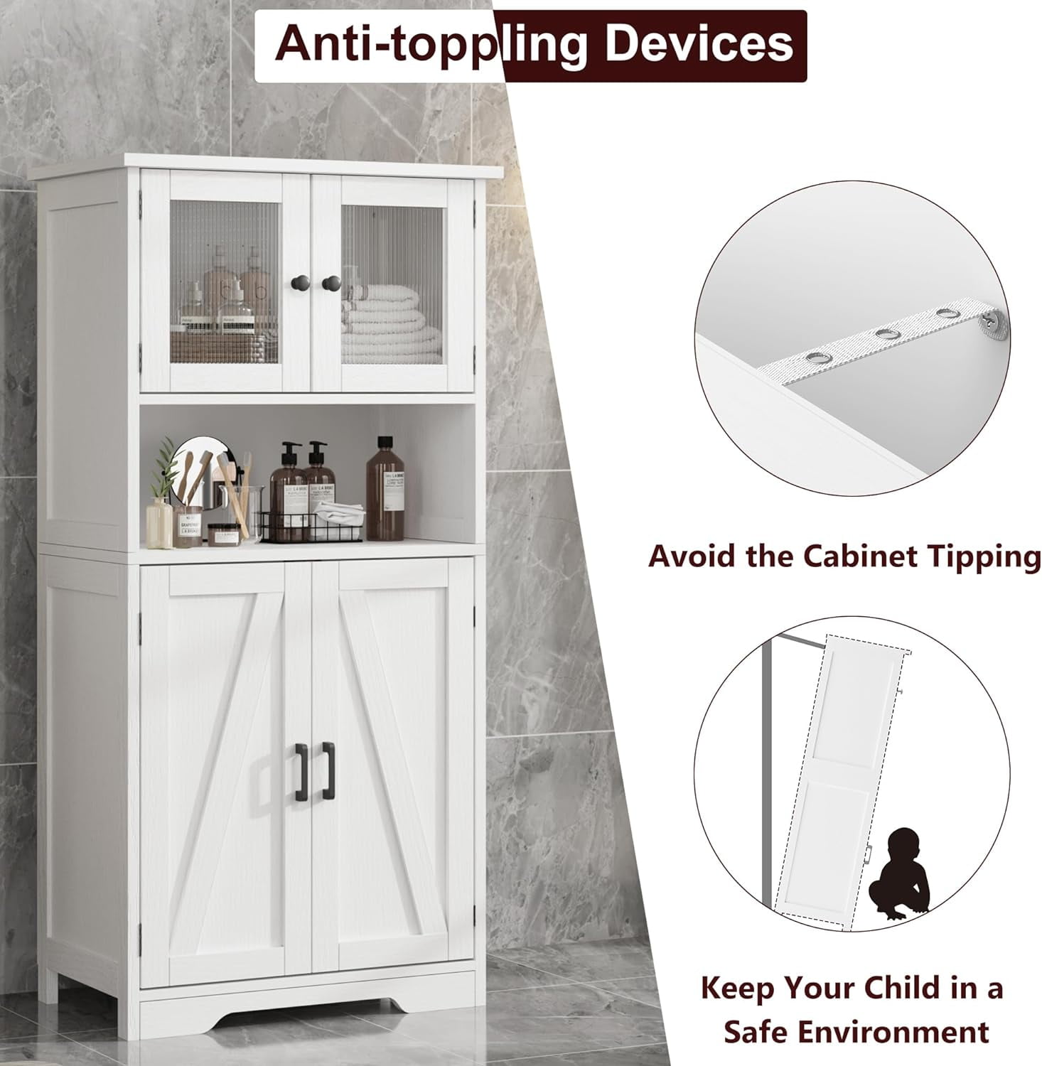 Freestanding Linen Storage Cabinet with Glass Doors, Versatile Kitchen Pantry and Living Room Cupboard with Adjustable Shelves (White)