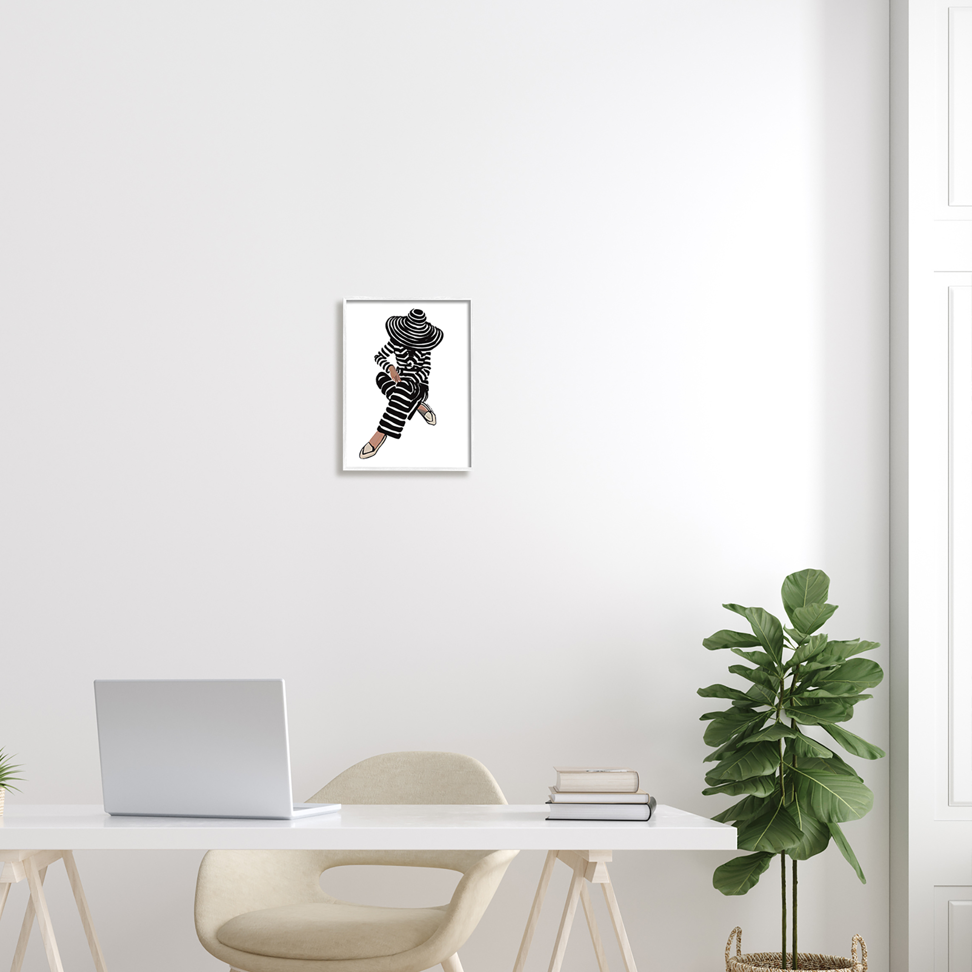 Stupell Industries Stripes Pattern Woman Sitting Fashion Portrait Graphic Art White Framed Art Print Wall Art, Design by Amelia Noyes