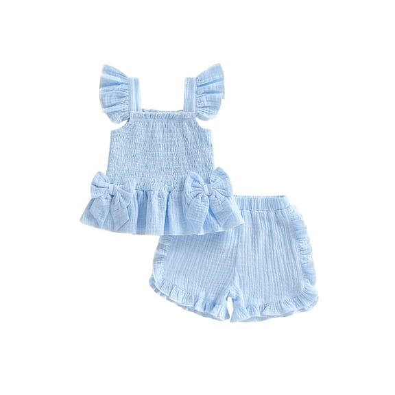 BemeyourBBs Toddler Baby Girl Summer Clothes Infant Baby Girl Smocked Cotton Linen Outfit Bow Flying Sleeve Ruffle Shirt Tops and Shorts Set 2 Piece Summer Outfit