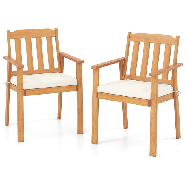 Costway 2 PCS Patio Dining Chairs with Removable Padded Cushion, Armrests Slatted Backrest