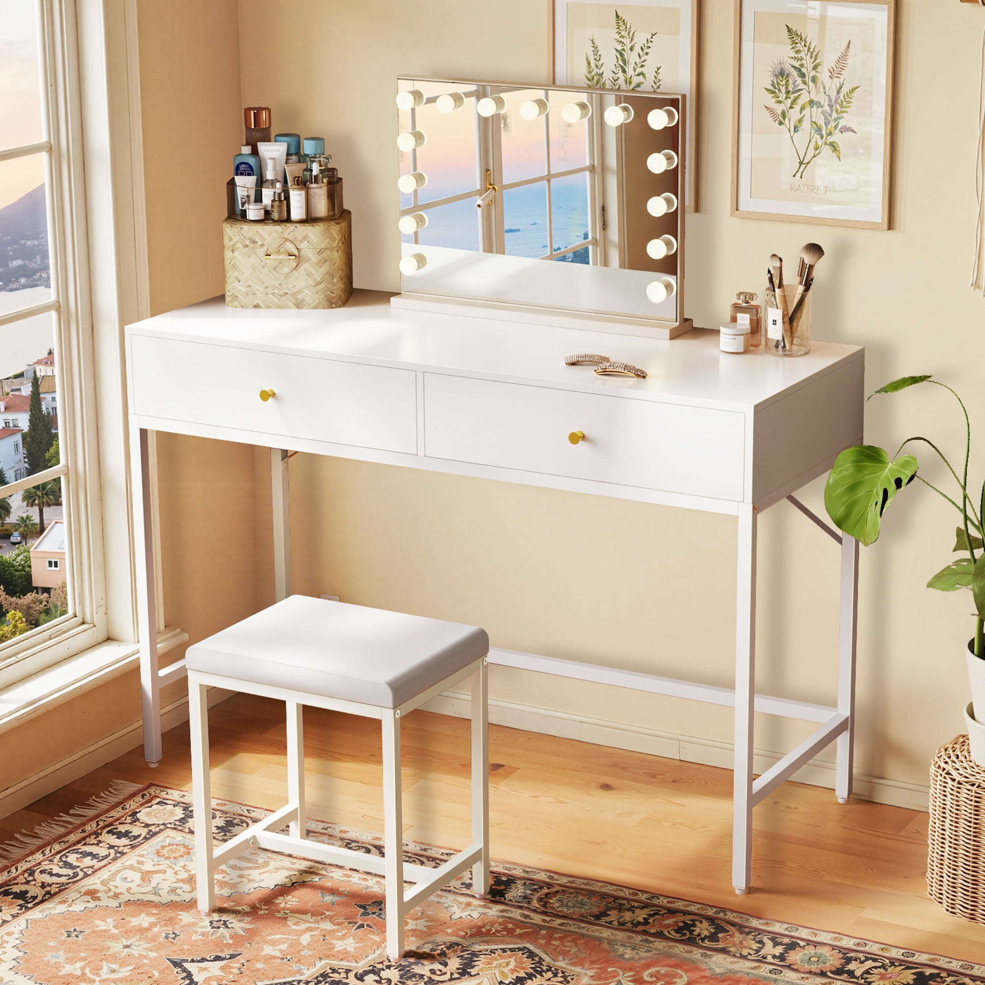 Amadwell 35.4 Inches White and Gold Desk with 2 Drawers, Vanity Desk with Padded Stool, Bedroom