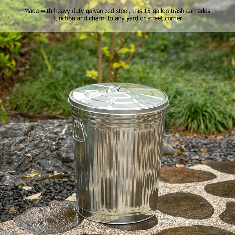 Gardenised Round Galvanized Steel 15 Gallon Trash Can with Lid and