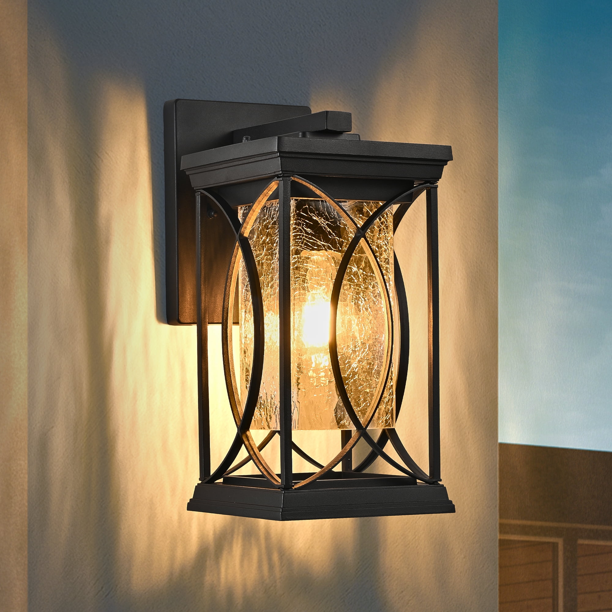 Black Outdoor Wall Lantern 14 Inch H with Crackled Glass Weather-Resistant Exterior Light for Porch, Black