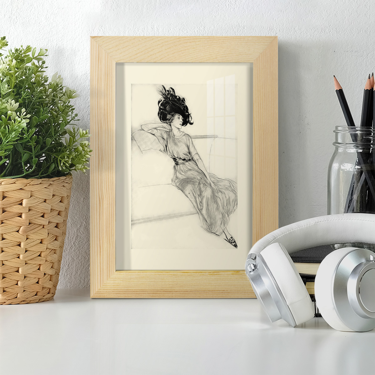Feather Hat I -Framed Print w/glass-Natural Wood