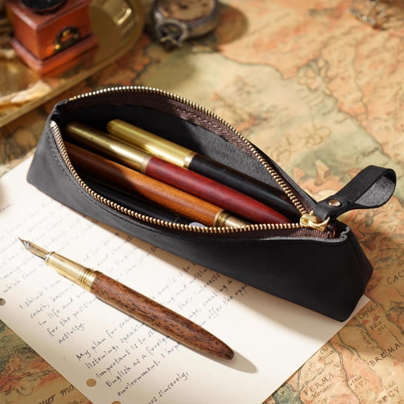 MMJ Vintage Faux Leather Pencil Case Large Capacity Zipper for Office Travel 7.9x2x1.6in