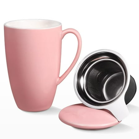 

16 OZ Porcelain Tea Mug with Infuser and Lid Tea Mug with Filter for Tea Coffee Milk Pink