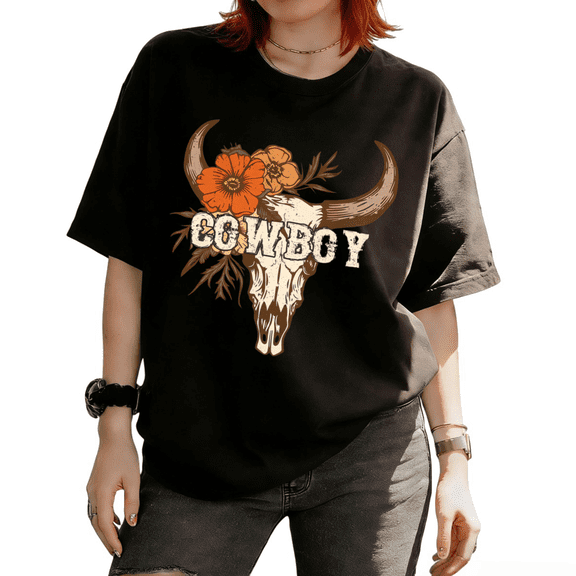 Cozymy Women's Cowboy Floral Longhorn Skull Western Graphic Short Sleeve T-Shirt Flattering Fit Versatile Tees Tops