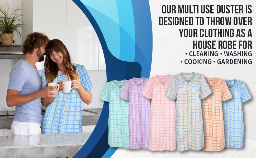 House Dresses for Women with Pockets - Lightweight Breathable Short Sleeve Muumuu & Nightgowns - Snap Front Housecoat and Dusters for Women