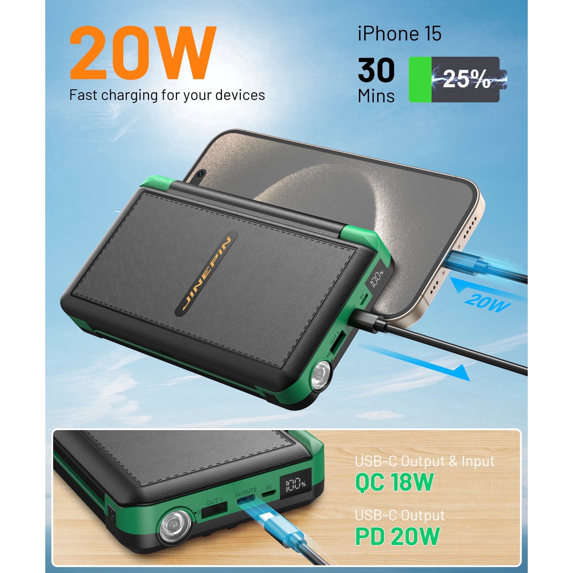 46800mAh Solar Charger Power Bank 20W Fast Charging with Cables Compatible for iPhone, Android Phone