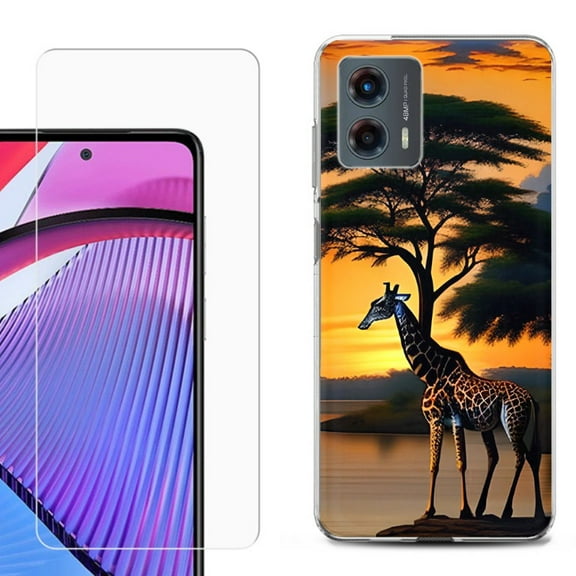 OneToughShield ® Compatible with Motorola Moto G 5G 2023, Shockproof Phone Case, with Tempered Glass Screen Protector - Giraffe Sunset