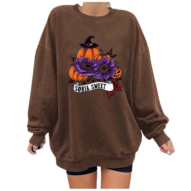 KIHOUT Chandails en Molleton pour Femmes Imprimé Citrouille Pull Ample Graphique Manches Longues Épaules Tombantes Col Rond Surdimensionné Mignon Automne Hiver Halloween Sans Capuche, Taille S-2TG