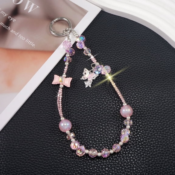 Phone Charms Strap Cute Beaded Crystal Bracelet Wrist Lanyard Detachable Anti Theft Phone Key Chain Butterfly Cellphone Case Accessories for Women,for iPhone,Samsung,Google,Motorola,Purse&Keys,Pink