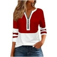 thumbnail image 2 of HOMBOM V Neck Tops for Women 3/4 Sleeve Red Pullover Color Block Casual Half Zip Blouse, 2 of 5