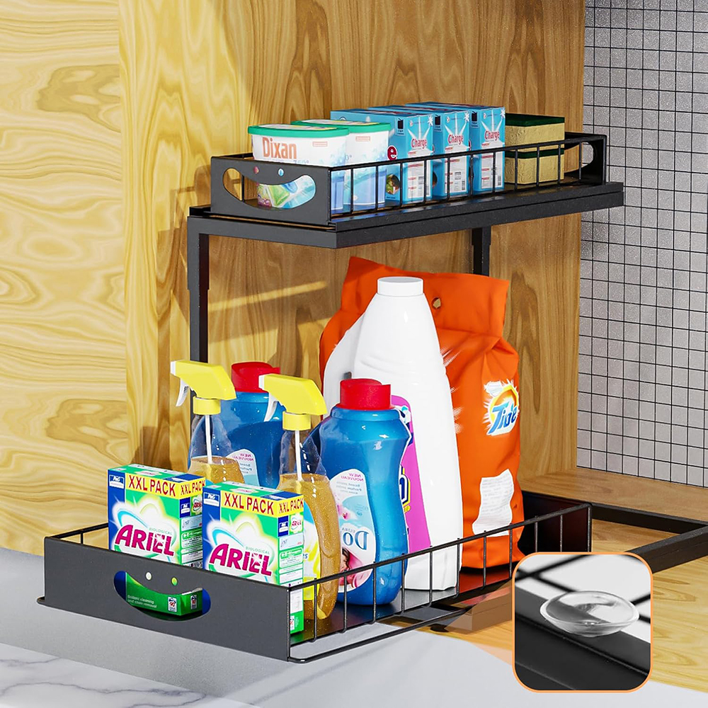 XMZHOU 2 Tiers Kitchen Pull Out Counter Sliding Drawer Shelf, Bathroom Under Sink Organizer, Sturdy And Solid Cabinet Storage For Kitchen Bathroom Home, Black